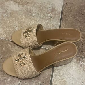 Tory Burch Natural Woven Mules with Gold Logo